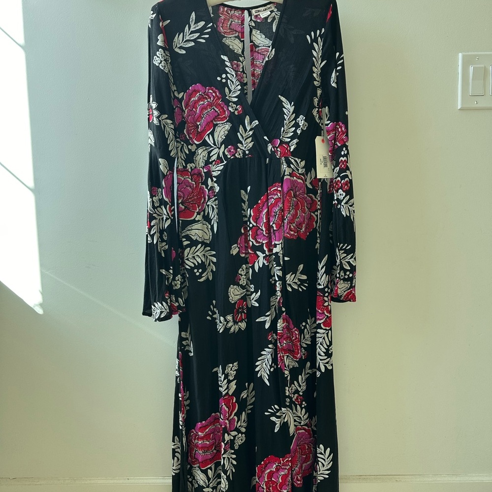 Billabong Black and Pink Floral Long Sleeve Dress